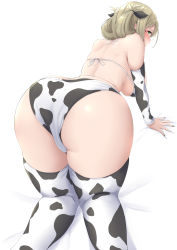Rule 34 | 1girl, all fours, animal ears, animal print, bikini, breasts, bridal gauntlets, brown hair, commentary request, cow ears, cow horns, cow print, fake animal ears, fake horns, folded ponytail, glasses, green eyes, highres, horns, kantai collection, katori (kancolle), large breasts, long hair, parted bangs, simple background, solo, swimsuit, takomeshi, white background, white bikini