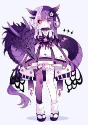 Rule 34 | 1girl, asymmetrical legwear, black footwear, black sclera, blush, colored sclera, commentary, dragon, dragon horns, dress, flower, full body, hair flower, hair ornament, heterochromia, highres, horns, layered dress, looking at viewer, looking down, mismatched legwear, multicolored hair, original, parted lips, pink eyes, pointy ears, purple dress, purple eyes, purple hair, purple thighhighs, shadow, simple background, slit pupils, socks, solo, split-color hair, suisei 1121, symbol-only commentary, thighhighs, white background, white dress, white socks, white thighhighs
