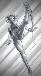 Rule 34 | 1990s (style), 1girl, bad id, bad tumblr id, bodystocking, breasts, capcom, chun-li, double bun, greyscale, hair bun, hair ribbon, high kick, highres, kicking, large breasts, monochrome, motion blur, open mouth, retro artstyle, ribbon, robaato, shoes, sleeveless, sneakers, solo, street fighter, street fighter zero (series), studded bracelet, thick thighs, thighs, unitard, vest