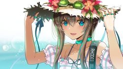Rule 34 | 1girl, :d, amiya (arknights), arknights, arms up, bare shoulders, blue choker, blue eyes, blue ribbon, blurry, blurry background, blush, brown eyes, brown hat, choker, collarbone, denken, depth of field, detached sleeves, english text, flower, frilled sleeves, frills, hair between eyes, hat, hat flower, highres, jewelry, lens flare, looking at viewer, neck ring, open mouth, plaid, puffy short sleeves, puffy sleeves, red flower, ribbon, short sleeves, sidelocks, smile, solo, sparkle, straw hat, upper body