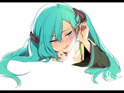 Rule 34 | 1girl, :q, aqua eyes, aqua hair, blush, detached sleeves, hatsune miku, invisible penis, kurono yuu, letterboxed, long hair, nail polish, penis, saliva, sexually suggestive, simple background, smile, solo, tongue, tongue out, twintails, vocaloid, white background