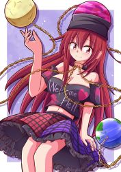Rule 34 | 1girl, aospanking, bare shoulders, black choker, black headwear, black shirt, black sleeves, blush, border, breasts, chain, choker, closed mouth, clothes writing, earth (ornament), gold chain, hair between eyes, hand up, heart, heart print, hecatia lapislazuli, highres, long hair, looking to the side, medium breasts, moon (ornament), multicolored clothes, multicolored skirt, navel, off-shoulder shirt, off shoulder, pink eyes, pink headwear, plaid, plaid skirt, purple background, purple skirt, red eyes, red hair, red skirt, shadow, shirt, short sleeves, simple background, skirt, smile, solo, standing, t-shirt, touhou, white border