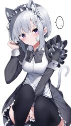 Rule 34 | ..., 1girl, animal ears, black bow, black bowtie, black thighhighs, blush, bow, bowtie, breasts, cat ears, cat tail, closed mouth, grey hair, heart, highres, knees up, long sleeves, looking at viewer, maid, maid headdress, medium breasts, neku (neku draw), original, purple eyes, short hair, simple background, sitting, solo, spoken ellipsis, tail, thighhighs, white background