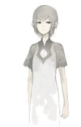 Rule 34 | 1girl, arms at sides, brown eyes, brown hair, closed mouth, dress, expressionless, ico, looking at viewer, oguchi, pale skin, short hair, silver hair, simple background, solo, upper body, white background, white dress, yorda