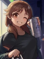 Rule 34 | 1girl, ;d, asahi breweries, bag, beer can, black shirt, blush, breasts, brown hair, can, drink can, grin, highres, holding, holding bag, holding can, idolmaster, idolmaster cinderella girls, jacket, jacket partially removed, kamille (vcx68), katagiri sanae, looking at viewer, medium breasts, night, night sky, one eye closed, open mouth, outdoors, plastic bag, shirt, sky, smile, solo, twintails, upper body, utility pole