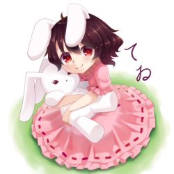 Rule 34 | 1girl, animal ears, blush, brown hair, closed mouth, commentary request, dress, floppy ears, frilled sleeves, frills, full body, hair between eyes, himeno (kujousyuon), inaba tewi, looking at viewer, pink dress, puffy short sleeves, puffy sleeves, rabbit ears, rabbit girl, red eyes, ribbon-trimmed dress, short hair, short sleeves, smile, solo, stuffed animal, stuffed rabbit, stuffed toy, touhou