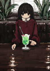 Rule 34 | 1girl, black eyes, black hair, cafe, commentary request, cup, drinking straw, highres, long sleeves, melon soda, original, plant, red sweater, sitting, soda, solo, sweater, table, uniunimikan, window