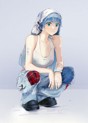 Rule 34 | 1girl, absurdres, arm tattoo, baggy pants, bare shoulders, black footwear, blue hair, blue pants, boots, breasts, closed mouth, commentary, earrings, english commentary, full body, green eyes, grey background, highres, jewelry, light smile, long hair, looking at viewer, original, pants, patch, platform boots, platform footwear, sleeveless, small breasts, smartwatch, solo, squatting, swimnemo, tank top, tattoo, watch, white tank top, white veil, wristwatch
