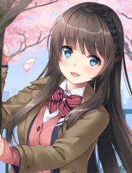 Rule 34 | 1girl, :d, blue eyes, blurry, blurry background, blush, bow, bowtie, braid, brown coat, brown hair, cardigan, coat, collared shirt, crown braid, dress shirt, floating hair, highres, long hair, long sleeves, looking at viewer, open mouth, petals, pink cardigan, red bow, red bowtie, school uniform, shirt, smile, solo, striped bow, striped bowtie, striped clothes, striped neckwear, unasaka ryou, upper body, white shirt, wing collar