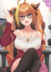 Rule 34 | 1girl, ahoge, arm up, bare shoulders, black-framed eyewear, black ribbon, black thighhighs, blonde hair, blunt bangs, blurry, blurry background, bow, breasts, bright pupils, camisole, chair, cleavage, collarbone, commentary request, crossed legs, diagonal-striped bow, dragon girl, dragon horns, dragon tail, fangs, feet out of frame, frilled camisole, frills, gaming chair, glasses, hair intakes, hair ribbon, highres, hololive, horn bow, horn ornament, horns, indoors, jacket, jewelry, kiryu coco, kiryu coco (loungewear), kiryu coco (dragon), large breasts, light blush, long hair, long sleeves, looking at viewer, monitor, multicolored hair, nintendo switch, off shoulder, official alternate costume, open clothes, open jacket, open mouth, orange hair, pendant, pointy ears, potemaka, red eyes, red jacket, ribbon, see-through, sidelocks, sitting, skin fangs, solo, spaghetti strap, streaked hair, striped, striped bow, swivel chair, tail, thighhighs, track jacket, twintails, virtual youtuber, waving, white camisole, white pupils