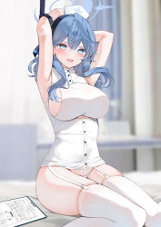 Rule 34 | 1girl, absurdres, ako (blue archive), armpits, arms up, bare shoulders, blue archive, blue eyes, blue hair, blush, breasts, clipboard, commentary, dress, garter straps, hair between eyes, hairband, halo, hat, highres, large breasts, long hair, looking at viewer, nurse cap, open mouth, short dress, sideboob, sitting, solo, thighhighs, white dress, white headwear, white thighhighs, yukineko1018