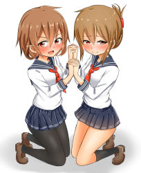 Rule 34 | 10s, 2girls, :d, baretto (karasi07), black socks, blush, brown eyes, brown hair, fang, folded ponytail, hair ornament, hairclip, highres, holding hands, ikazuchi (kancolle), inazuma (kancolle), interlocked fingers, kantai collection, kneehighs, kneeling, loafers, long sleeves, looking at viewer, multiple girls, neckerchief, open mouth, pantyhose, pleated skirt, red neckerchief, sailor collar, school uniform, serafuku, shoes, short hair, simple background, skirt, smile, socks, symmetrical hand pose, thighhighs, white background
