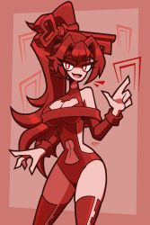 Rule 34 | 1girl, bare shoulders, cowboy shot, highres, key, long sleeves, not your sagittarius, original, personification, ponytail, red background, red hair, red key (the binding of isaac), red theme, signature, solo, standing, the binding of isaac