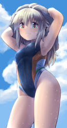 Rule 34 | 1girl, antenna hair, armpits, arms up, bare arms, bare shoulders, black one-piece swimsuit, blue sky, breasts, brown hair, closed mouth, cloud, cloudy sky, commentary request, day, green eyes, groin, hair between eyes, hair down, highres, koshirae tsurugi (m.m), long hair, m.m, medium breasts, one-piece swimsuit, original, outdoors, sky, smile, solo, swimsuit, towel, towel on head, wet