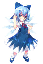Rule 34 | 1girl, blue dress, blue eyes, blue footwear, blue hair, bow, cirno, dress, grin, hair bow, hand on own hip, ice, ice wings, kiira, looking at viewer, mary janes, matching hair/eyes, middle finger, puffy sleeves, shirt, shoes, short sleeves, simple background, smile, socks, solo, standing, touhou, white background, white socks, wings