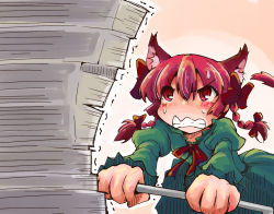 Rule 34 | 1girl, animal ears, book stack, bow, braid, cat ears, clenched teeth, commentary request, dress, green dress, hair bow, juliet sleeves, kaenbyou rin, kaenbyou rin (cat), long sleeves, puffy sleeves, pushing, red dress, red hair, shinapuu, solo, sweat, teeth, touhou, twin braids
