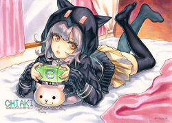 Rule 34 | 10s, animal ears, artist name, bed, cat ears, character name, copyright name, curtains, danganronpa (series), danganronpa 2: goodbye despair, fake animal ears, handheld game console, hood, hoodie, lying, marker (medium), miniskirt, nabeya sakihana, nanami chiaki, no shoes, on stomach, open mouth, pink eyes, pink hair, playstation portable, pleated skirt, signature, skirt, sleeves past wrists, solo, the pose, thighhighs, traditional media, window
