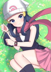 Rule 34 | 1girl, absurdres, api peko, beanie, black hair, black shirt, black socks, bracelet, closed mouth, commentary request, creatures (company), dawn (pokemon), day, from above, game freak, grass, hair ornament, hairclip, hat, highres, jewelry, long hair, looking at viewer, nintendo, outdoors, pink skirt, poke ball print, pokemon, pokemon dppt, poketch, scarf, shirt, skirt, sleeveless, sleeveless shirt, smile, socks, solo, watch, white hat, wristwatch