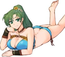 Rule 34 | 1girl, ass, barefoot, bikini, bikini pull, blue bikini, breasts, butt crack, choker, cleavage, closed mouth, clothes pull, earrings, fire emblem, fire emblem: the blazing blade, fire emblem heroes, flower, green eyes, green hair, hair flower, hair ornament, highres, jewelry, large breasts, long hair, looking at viewer, lying, lyn (fire emblem), lyn (summer) (fire emblem), nintendo, on stomach, ponytail, simple background, smile, solo, swimsuit, the pose, tridisart, white background