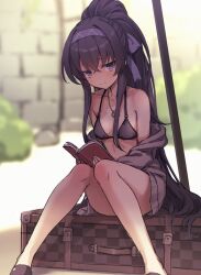 Rule 34 | 1girl, bags under eyes, bikini, black bikini, black hair, blue archive, blush, book, breasts, cardigan, day, grey cardigan, hairband, holding, holding book, long hair, looking at viewer, off shoulder, outdoors, ponytail, purple hairband, ryuinu, sitting, small breasts, solo, suitcase, sunlight, swimsuit, ui (blue archive), ui (swimsuit) (blue archive), very long hair
