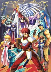 Rule 34 | 1990s (style), 5boys, 6+girls, adol christin, angel wings, armor, bami (ys), blue cape, blue hair, blue headband, blue robe, boots, bracer, breasts, brown footwear, cape, cleavage, covered navel, danmakuman, dogi (ys), eldeel (ys), feathered wings, feena (ys), gadis (ys), gloves, gruda (ys), hair over one eye, headband, highres, holding, holding sword, holding weapon, jewelry, karna (ys), large breasts, leather, leather gloves, leeza (ys), lilia (ys), long hair, low twintails, multiple boys, multiple girls, muscular, muscular male, necklace, parted bangs, pauldrons, pelvic curtain, pillar, purple robe, reah (ys), red hair, retro artstyle, robe, sheath, short hair, shoulder armor, signature, sparkle, spiked pauldrons, sword, twintails, very long hair, weapon, white wings, wings, ys, ys iv dawn of ys