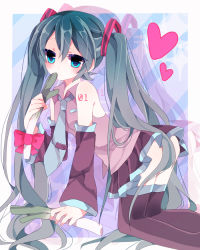 Rule 34 | 1girl, all fours, aqua eyes, bad id, bad pixiv id, detached sleeves, green hair, hatsune miku, heart, long hair, necktie, poooka, skirt, solo, spring onion, thighhighs, twintails, very long hair, vocaloid