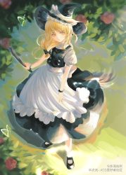 Rule 34 | 1girl, absurdres, apron, black bow, black footwear, black hat, black skirt, black vest, blonde hair, bow, broom, bug, bush, butterfly, buttons, chinese commentary, closed mouth, collared shirt, commentary request, copyright notice, donghai ziran, expressionless, eyelashes, flower, full body, grass, hair bow, hat, hat bow, highres, holding, holding broom, insect, kirisame marisa, lips, long hair, looking at viewer, mary janes, puffy short sleeves, puffy sleeves, red flower, red rose, rose, shirt, shoes, short sleeves, skirt, socks, solo, touhou, transparent butterfly, vest, waist apron, white apron, white bow, white shirt, white socks, witch hat, yellow eyes
