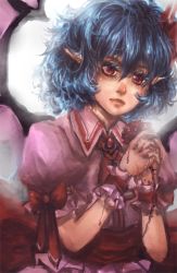 Rule 34 | 1girl, bad id, bad pixiv id, bat wings, blood, colored eyelashes, curly hair, expressionless, female focus, own hands clasped, lips, no headwear, no headwear, own hands together, pointy ears, purple hair, red eyes, remilia scarlet, sheryth, short hair, short sleeves, solo, thorns, touhou, wings, wrist cuffs