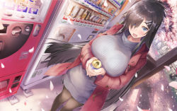Rule 34 | 1girl, :d, black hair, black pantyhose, blue eyes, breasts, can, coat, commentary request, daidou (demitasse), day, dress, drink can, duffel coat, feet out of frame, hair ornament, hair over one eye, hairclip, highres, holding, holding can, large breasts, long hair, long sleeves, looking at viewer, open mouth, original, outdoors, own hands together, pantyhose, petals, purple dress, purple sweater, red coat, smile, soda can, solo, spring (season), standing, straight hair, sweater, sweater dress, vending machine, very long hair