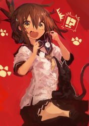 Rule 34 | !?, 1girl, ^^^, absurdres, black cat, black skirt, blush stickers, brown eyes, brown hair, cat, cat teaser, commentary request, folded ponytail, furrowed brow, hair between eyes, highres, holding, inazuma (kancolle), kaamin (mariarose753), kantai collection, looking at viewer, neckerchief, open mouth, over-kneehighs, paw print, pleated skirt, red background, school uniform, seiza, serafuku, short sleeves, sitting, skirt, solo, sweatdrop, thighhighs, wavy mouth