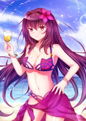 Rule 34 | 1girl, bikini, breasts, cleavage, cup, drinking glass, fate/grand order, fate (series), flower, hair flower, hair ornament, highres, large breasts, long hair, looking at viewer, nail polish, navel, purple hair, red eyes, sarong, scathach (fate), scathach (fate), scathach (swimsuit assassin) (fate), soda (sodachuxd), solo, swimsuit, wine glass