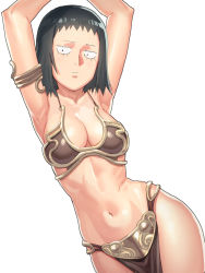 Rule 34 | 10s, 1girl, armor, armpits, arms up, bikini armor, black hair, breasts, cleavage, cosplay, kurata tome, mob face, mob psycho 100, navel, pelvic curtain, princess leia organa solo, princess leia organa solo (cosplay), short hair, simple background, solo, star wars, star wars: return of the jedi, tenchisouha, white background