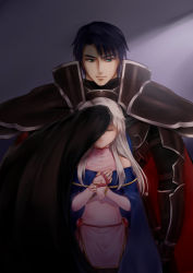Rule 34 | 1boy, 1girl, absurdres, armor, bad id, bad pixiv id, bangle, bare shoulders, black armor, black cape, black knight (fire emblem), blue cape, bracelet, cape, closed eyes, covering privates, covering another&#039;s eyes, detached sleeves, dress, elbow gloves, fingerless gloves, fire emblem, fire emblem: radiant dawn, full armor, gauntlets, gloves, hair ribbon, half updo, hand on own chest, height difference, hetero, highres, indoors, jewelry, long hair, looking at another, micaiah (fire emblem), nekomarukurosuke, nintendo, ribbon, side slit, silver hair, sleeveless, sleeveless dress, turtleneck, turtleneck dress, zelgius (fire emblem)