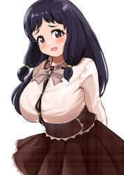 Rule 34 | 1girl, absurdres, black hair, blush, breasts, brown eyes, brown skirt, buttons, collared shirt, commentary request, commission, highres, idolmaster, idolmaster cinderella girls, large breasts, long hair, long sleeves, looking at viewer, ohnuma kurumi, open mouth, pisagi, pixiv commission, plaid, plaid skirt, pleated skirt, ribbon, shirt, short bangs, sidelocks, simple background, skirt, smile, solo, twintails, white background, white shirt