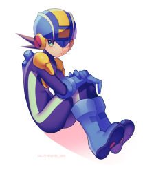 Rule 34 | 1boy, artist name, blue footwear, blue headwear, bodysuit, boots, brown hair, closed mouth, commentary request, dated, full body, green eyes, helmet, highres, invisible chair, jitome, looking at viewer, male focus, mega man (series), mega man battle network, mega man battle network (series), megaman.exe, netnavi, purple bodysuit, shadow, short hair, simple background, sitting, solo, twitter username, white background, zero-go