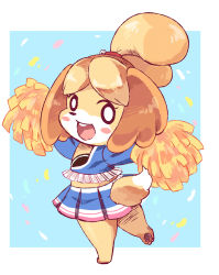 Rule 34 | 1girl, :d, animal crossing, animal ears, animal nose, blonde hair, blush stickers, body fur, cheerleader, commentary request, dog, dog ears, dog girl, dog tail, full body, furry, furry female, happy, highres, hnzk aroma, isabelle (animal crossing), looking at viewer, medium hair, nintendo, open mouth, pawpads, pom pom (cheerleading), simple background, smile, solo, standing, standing on one leg, tail, topknot, white background, white fur, yellow fur, yellow pom poms