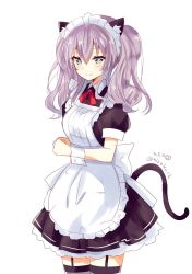 Rule 34 | 1girl, alternate costume, animal ears, apron, blue eyes, blush, breasts, cat ears, cat tail, dress, fake animal ears, fake tail, frills, hair ornament, highres, hizaka, kantai collection, kashima (kancolle), large breasts, long hair, looking at viewer, maid, maid apron, maid headdress, neck ribbon, one-hour drawing challenge, puffy sleeves, red ribbon, ribbon, short sleeves, silver hair, simple background, smile, solo, tail, twintails, twitter username, wavy hair, white background
