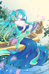 Rule 34 | 1girl, absurdres, amiemie, animal, bare shoulders, blue hair, breasts, bug, bush, butterfly, cleavage, collarbone, etwahl, female focus, highres, huge breasts, bug, instrument, large breasts, leaf, league of legends, long hair, multicolored hair, outstretched arm, plant, profile, sitting, solo, sona (league of legends), twintails, very long hair