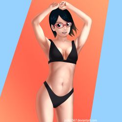 Rule 34 | 1girl, armpits, arms up, artist name, bare shoulders, bikini, black bikini, black eyes, black hair, boruto: naruto next generations, breasts, cleft of venus, clenched hands, eyelashes, female focus, glasses, happy, legs, looking at viewer, midriff, naruto (series), navel, neck, open mouth, own hands together, parted bangs, pollo1567, red-framed eyewear, shiny clothes, shiny skin, short hair, small breasts, standing, swimsuit, thighs, toenails, toes, two-tone background, uchiha sarada, unworn headband