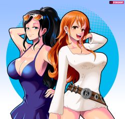 Rule 34 | 2girls, bare arms, bare shoulders, belt, black hair, blue eyes, breasts, brown eyes, cleavage, curvy, dress, earrings, happy, jewelry, large breasts, long hair, multiple girls, nami (one piece), nico robin, one piece, open mouth, orange hair, ponytail, smile, steve chopz, sunglasses, sunglasses on head, tagme, teeth, thighs, tongue