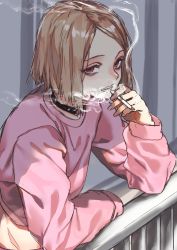 Rule 34 | 1girl, absurdres, against railing, bags under eyes, blonde hair, bob cut, choker, cigarette, commentary, english commentary, highres, holding, holding cigarette, long sleeves, looking at viewer, medium hair, o-ring, o-ring choker, original, pink shirt, railing, red eyes, reiga (act000), shirt, smoke, smoking, solo, upper body