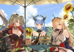 Rule 34 | 3girls, ahoge, alcohol, arm support, azur lane, backless dress, backless outfit, bare shoulders, black gloves, blonde hair, blue hair, blue sky, blurry, bottle, cake, cake stand, chair, cloud, cloudy sky, collar, commentary request, commission, cup, depth of field, detached collar, detached sleeves, dress, drinking glass, eyes visible through hair, flower, food, gascogne (azur lane), gloves, hair between eyes, hair ribbon, halo, head rest, head tilt, headgear, highres, holding, holding bottle, horizon, jean bart (azur lane), long hair, long sleeves, looking at viewer, manjirou (manji illust), mechanical halo, multiple girls, ocean, parted lips, pixiv commission, ponytail, purple eyes, red eyes, ribbon, richelieu (azur lane), short hair, sidelocks, silver hair, sitting, sky, smile, strawberry shortcake, sunflower, table, tiara, wine, wine bottle, wine glass, yellow eyes