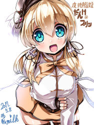 Rule 34 | :d, anchor hair ornament, aqua eyes, bent over, beret, black thighhighs, blonde hair, breasts, cosplay, dated, fingerless gloves, gloves, hair ornament, hat, kantai collection, large breasts, long sleeves, magical girl, mahou shoujo madoka magica, mahou shoujo madoka magica (anime), miuku (marine sapphire), open mouth, prinz eugen (kancolle), puffy sleeves, simple background, smile, solo, thighhighs, tomoe mami, tomoe mami (cosplay), twintails, twitter username, white background