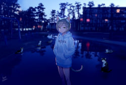 Rule 34 | 1girl, animal ear fluff, animal ears, blurry, bob cut, cat, cat ears, cat tail, commentary request, eyelashes, green eyes, hands in pockets, hood, hoodie, knees, looking at viewer, midori foo, original, outdoors, parted lips, reflection, short hair, standing, tail, tree