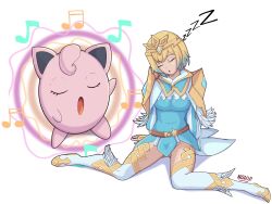 Rule 34 | 1girl, 1other, blonde hair, blue hair, boots, caprednahu, closed eyes, commission, creatures (company), fire emblem, fire emblem heroes, fjorm (fire emblem), game freak, gen 1 pokemon, highres, jigglypuff, multicolored hair, music, musical note, nintendo, pokemon, singing, thigh boots, tiara, two-tone hair, zzz