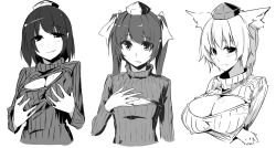 Rule 34 | 3girls, animal ears, breast hold, breasts, cleavage, cleavage cutout, clothing cutout, flat chest, grabbing own breast, hand on own chest, hat, himekaidou hatate, inubashiri momiji, kamukamu (ars), large breasts, looking at viewer, md5 mismatch, meme attire, monochrome, multiple girls, open-chest sweater, pointy ears, resized, ribbed sweater, shameimaru aya, simple background, smile, sweater, team shanghai alice, tokin hat, touhou, turtleneck, twintails, upper body, white background, wolf ears
