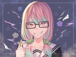 Rule 34 | 1girl, clenched teeth, collarbone, commentary request, glasses, highres, light particles, long hair, low twintails, mahou shoujo site, pink eyes, pink hair, sailor collar, school uniform, serafuku, shioi rina, solo, star-shaped pupils, star (symbol), symbol-shaped pupils, teeth, tsukuno tsuki, twintails, upper body, white sailor collar