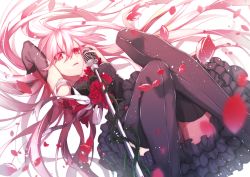 Rule 34 | 10s, 1girl, bare shoulders, black thighhighs, breasts, detached sleeves, female focus, guilty crown, hair ornament, hairclip, hanagata, long hair, looking at viewer, microphone, microphone stand, open mouth, pink hair, red eyes, solo, thighhighs, twintails, vintage microphone, yuzuriha inori