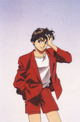 Rule 34 | 1990s (style), 1girl, artist request, brown hair, gradient background, grin, hand on own face, highres, izumi noa, jacket, key visual, kidou keisatsu patlabor, looking at viewer, official art, production art, promotional art, retro artstyle, scan, short hair, shorts, smile, third-party source, tomboy
