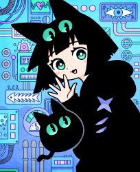 Rule 34 | 1girl, :3, animal ears, aqua eyes, black hair, black hoodie, blue theme, blunt bangs, blunt ends, blush stickers, bright pupils, cable, cat, cat ears, commentary request, dot nose, extra eyes, fish skeleton print, garouma, gauge, hand up, heart, highres, hood, hood down, hoodie, industrial pipe, long sleeves, looking at viewer, looking to the side, open mouth, original, short hair, signature, smile, solo, white pupils